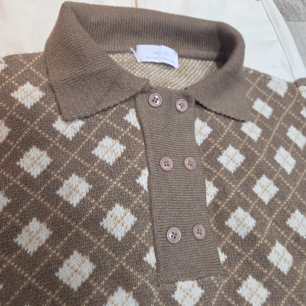 Oak & Fort Button Up Collar Knit Sweater In Brown/White SZ S - Picture 4 of 16